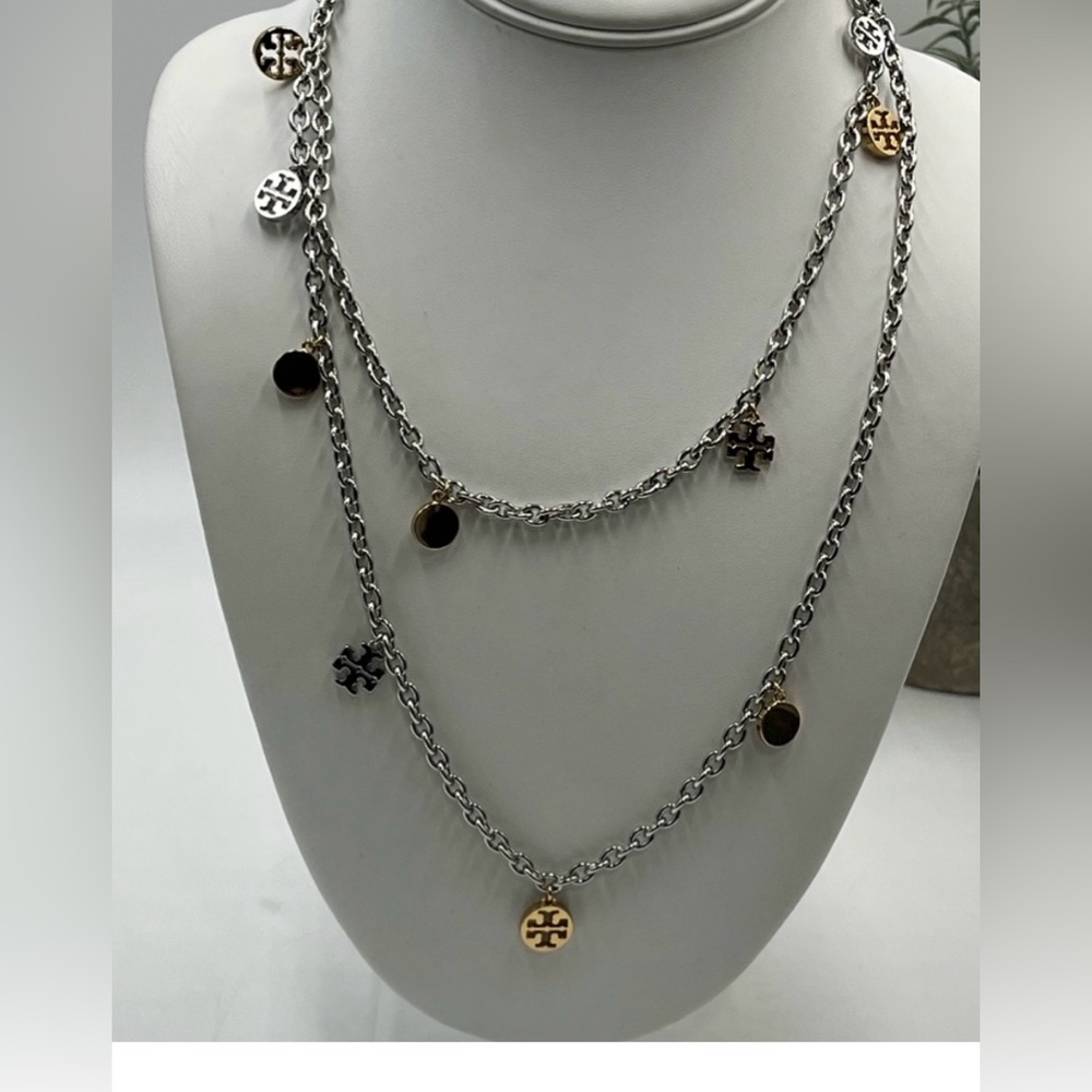 Tory Burch Silver and Gold Long Logo Necklace